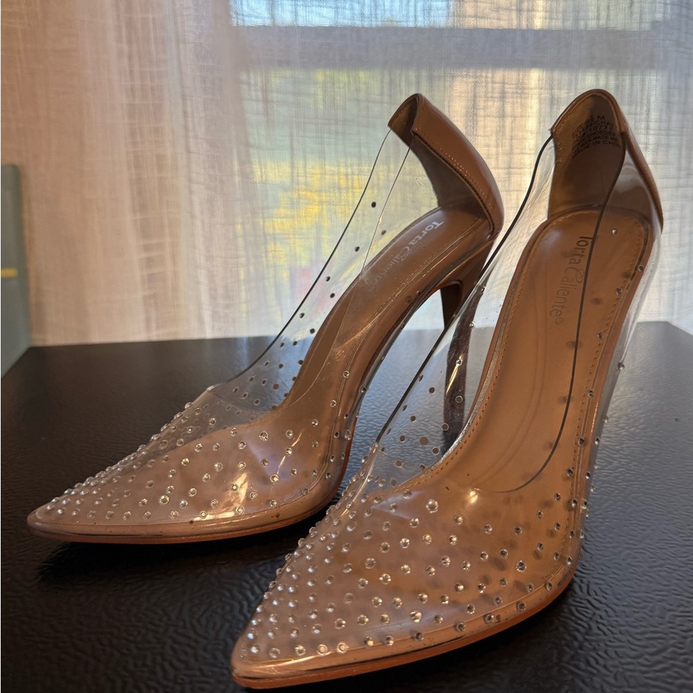 Elegant Clear and Tan Studded Heels
